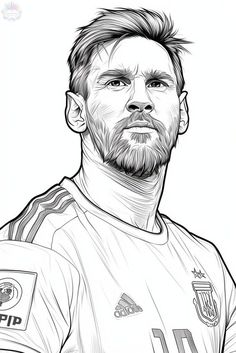 a black and white drawing of a man with a beard wearing a soccer jersey on