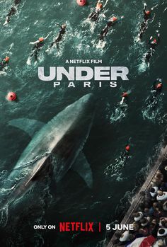 a movie poster with people swimming in the water and an image of a large shark