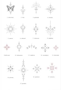 the different types of snowflakes are shown in black and white