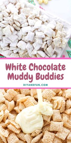 white chocolate muddy buddies in a bowl with text overlay