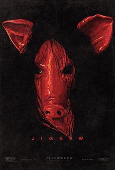 a red pig's head is shown in the middle of a poster for halloween