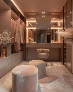 a walk in closet with white fur on the floor and large mirror cabinets above it