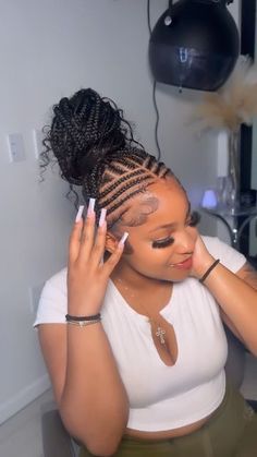 Tribals With Bohemian Braids, Cornrows Going Up Into A Ponytail, Bohemian Braids With Cornrows, Fulani Braids Updo Hairstyles, Fulani Braided Ponytail, Fulani Braids Bun, Stitch Fulani Braids, Fulani Braids Bohemian, Funali Braids With Curls