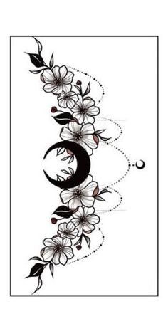 an artistic tattoo design with flowers and crescents on the left side of the image