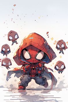 a spider - man is surrounded by other characters