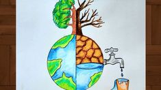 a drawing of a tree growing out of a globe with water coming out of it