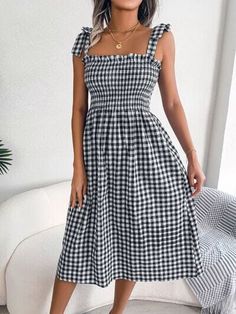 Frill Plaid Square Neck Mid... Flounce Sleeve Dress, Square Neck Midi Dress, Flounce Sleeve, Gingham Dress, Midi Length Dress, Audrey Hepburn, Black Midi Dress, Women's Dresses, No Frills