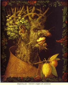 a painting of a tree with fruit in it