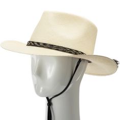 The Rio Grande is an American hybrid between a teardrop crown fedora and the brim and stiffness of a western cowboy hat. Features a sweat-resistant band on the inside and a handcrafted leather and horsehair band on the exterior. The chin strap can be worn functionally or placed above the brim as an extension of the hatband. This item is a genuine Panama Hat handwoven in Ecuador. Imported Material: 100% Toquilla StrawBrim: 3" fixedCrown: 4 1/8" teardropHatband: 5/8" horsetailClimate: Sun Handwove Western Adjustable Panama Hat For Outdoors, Western Style Adjustable Panama Hat For Outdoor, Adjustable Fit Western Panama Hat For Outdoor, Adjustable Brimmed Panama Hat For Rodeo, Adjustable Brimmed Panama Hat For Ranch, Adjustable Short Brim Panama Hat For Ranch, Adjustable Western Panama Hat For Western-themed Events, Adjustable Western Panama Hat With Curved Brim, Western Panama Hat With Adjustable Curved Brim