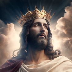 the face of jesus wearing a crown with clouds in the background