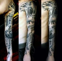 a man with tattoos on his arm and shoulder is shown in three different angles, including the