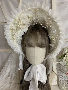 This price is for a bonnet only. Pearl Market, Stylish Jewelry Accessories, White Bonnet, Pretty Fits, Core Core, Cosplay Hair, Beads Chain, Beaded Trim