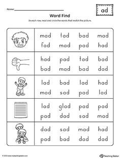 worksheet with words and pictures to help students learn how to read the word