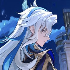 an anime character with long white hair and blue eyes standing in front of a castle