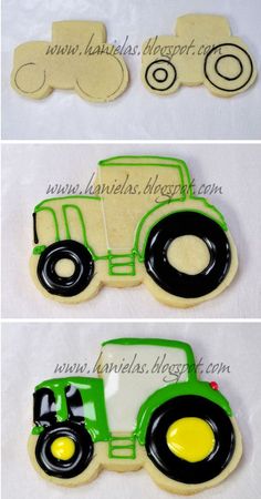 three pictures of tractor cookies with different designs