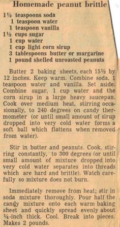 the recipe for homemade peanut brittle is shown in an old newspaper article about how to make it