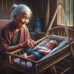 an elderly woman holding a baby in a crib with the infant laying on it's side