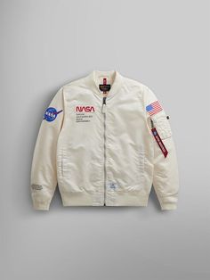 L-2B NASA GEN II BOMBER JACKET OUTERWEAR Alpha Industries OFF WHITE 2XL Nasa Costume, Nasa Merch, Nasa Jacket, Nasa Clothes, American Flag Patch, Nasa Logo, Flight Suit, Rubber Patch, Flag Patches