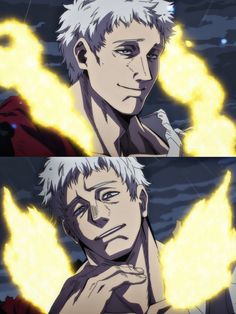 an anime character with white hair and blue eyes, in front of a fire background