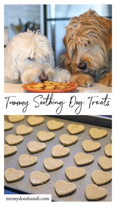 there are two pictures with hearts and cookies on the same plate, one is dog treats