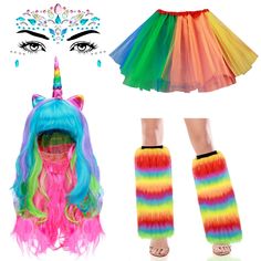 two pairs of leg warmers with unicorn ears and rainbow hair, one in the shape of a wig