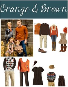 an orange and brown family photo is shown with clothes, shoes, hats, and sweaters