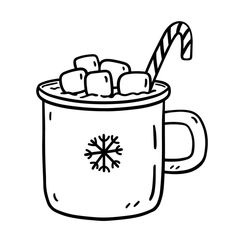 a mug filled with marshmallows and a candy cane on the top coloring page