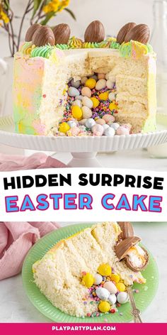 an easter cake with white frosting and colorful candies on the top is cut into pieces