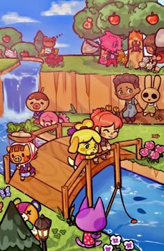 an animal crossing a bridge over a river with many animals on the other side of it