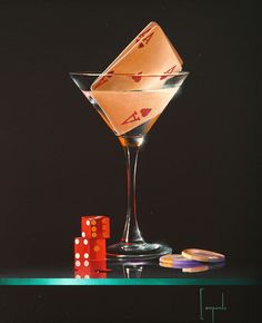 a painting of a martini glass with playing cards on the table next to some dice