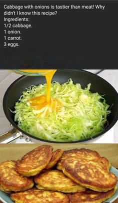 some food is being cooked in a skillet and then on the table to be eaten