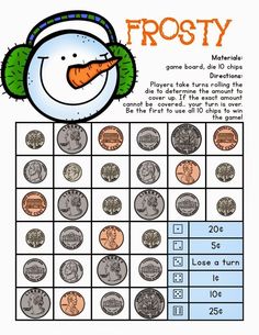 a snowman is on top of a game board with coins in front of it