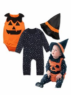 two baby onesuits, one with a jack - o'- lantern hat and the other in a pumpkin costume