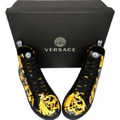 Versace Barocco Signature Sneakers Type: Barocco Signature Printed Calf Condition: Brand New With Tags, Never Worn! Color: Black + Gold - Versacegold Size: 39 It/9 Us Comes With Original Versace Tags And Black Box Versace Chain, Versace Sneakers, Versace Pink, Versace Shoes, Versace Collection, Fresh Kicks, Print Sneakers, Signature Print, Fashion Socks