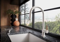 a white sink sitting under a window next to a counter top with a vase on it