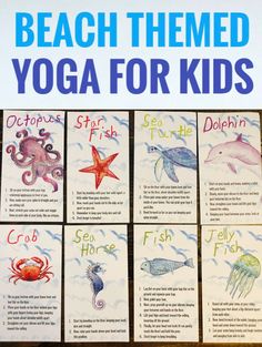 the beach themed yoga for kids poster is displayed in front of an ocean theme with sea animals