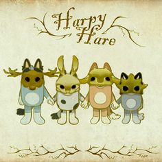 three cartoon animals standing next to each other in front of a happy hane sign