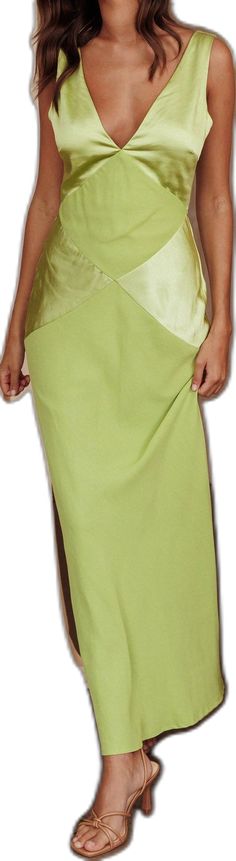 Soul Fire V-Neck Maxi Dress Lime by Selfie Leslie Elegant Lined Satin Maxi Dress, Satin Maxi Dress With Lined Fitted Bodice, Formal Green Bias Cut Maxi Dress, Lined Satin Maxi Dress, Spring Bias Cut Bridesmaid Maxi Dress, Solid Color Maxi Dress For Wedding Guest, Green Bias Cut Maxi Dress For Wedding, Satin Finish V-neck Maxi Dress, Elegant Lined Sheath Maxi Dress