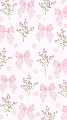 pink bows and hearts on a white background with flowers in the foreground, as well as heart - shaped stems