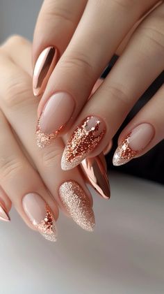 24 Pretty Rose Gold Nail Designs That Sparkle And Shine Pretty Nails For Wedding Guest, Rose Gold Almond Nails Sparkle, Simple Pink And Gold Nails, Neutral Nails With Gems, Gel Nail Designs For Wedding, Simple Wedding Guest Nails, Rose Gold French Tip, Rose Gold Wedding Nails, Rose Gold Nail