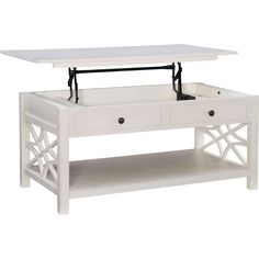 a white coffee table with drawers underneath it