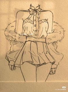 a drawing of a woman in short shorts and a shirt with a bow on it