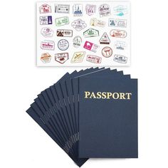 six passport stickers are shown next to each other, with the word passport printed on them