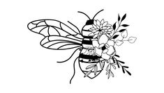 a black and white drawing of a bee with flowers