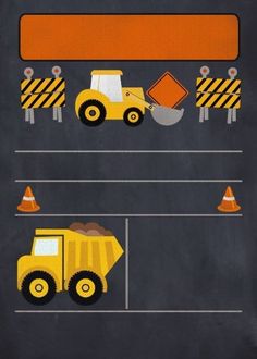 construction vehicles are depicted on a chalkboard with traffic cones and signs in the background