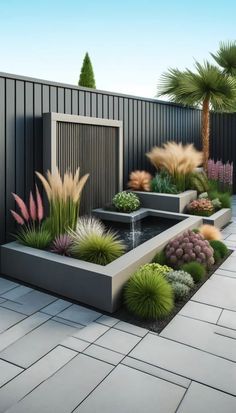 an outdoor garden with plants and water features