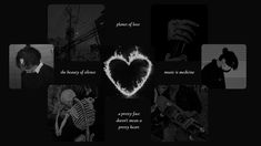 some black and white pictures with different things in them, including a heart shaped object