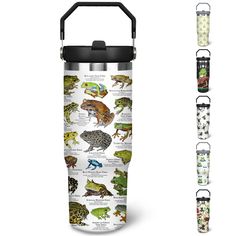 a water bottle with different types of frogs on it