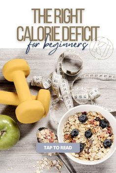 a bowl of granola next to an apple, measuring tape and dumbble weight