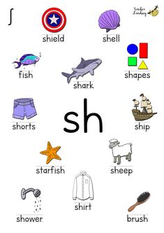 Poster containing images and text for digraph sh words. Hooked On Phonics Printables, Ch Words, Phonics Printables, Phonics Posters, Kindergarten Phonics Worksheets, English Worksheets For Kindergarten, Learning Phonics, S Words